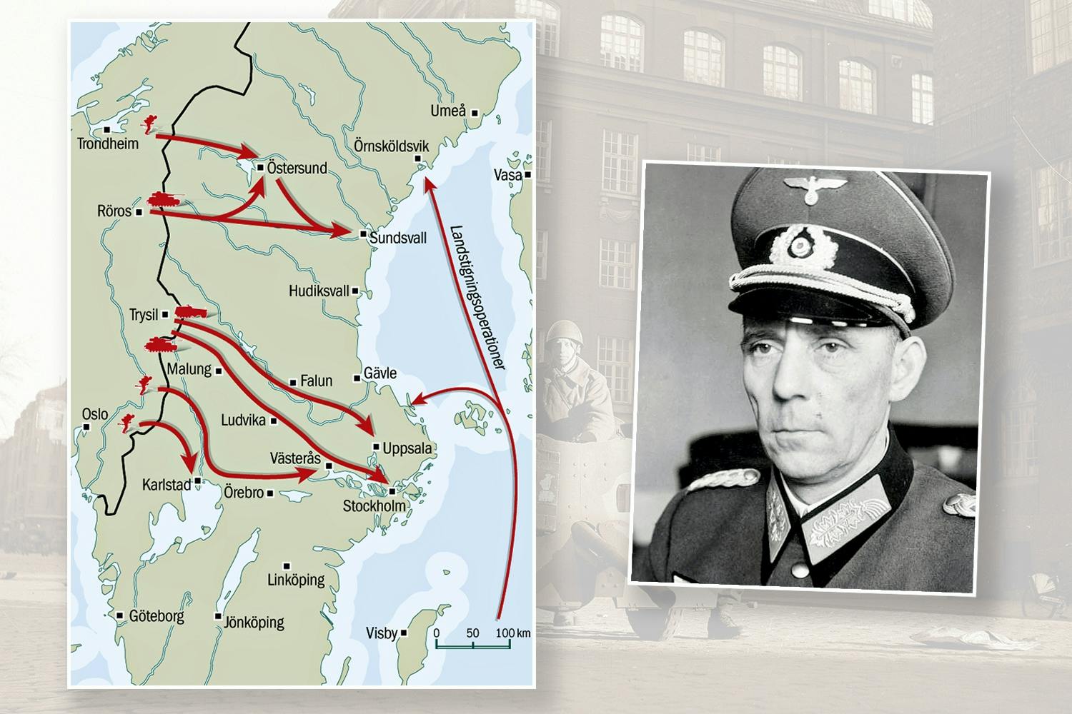 tyska anfallsplanen mot sverige c Den tyska 25. pansardivisionens befälhavare Adolf von Schell samt grafik över hans anfallsplan mot Sverige.